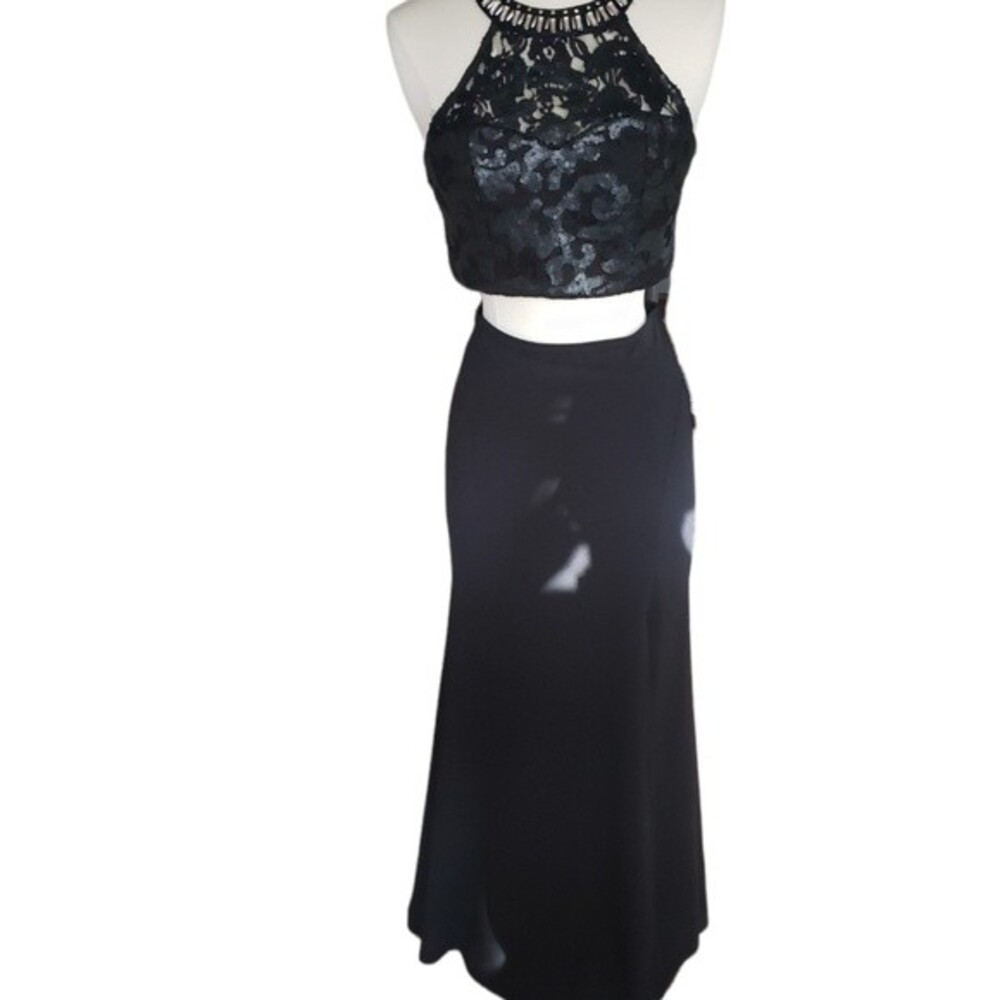 Sequin Hearts Black  2 Piece Sequined Crop Top Satin Tulip Skirt Junior's 3 Hoco